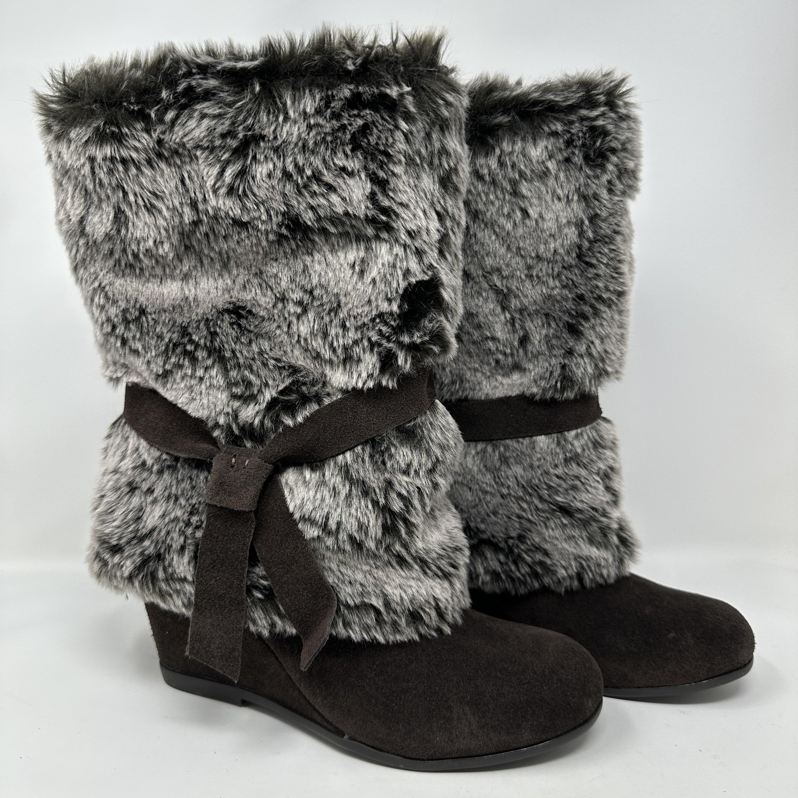Bcbgeneration Boots Womens Size 9 Leather Faux Fur Wedge Mid Calf Bg-Freesia